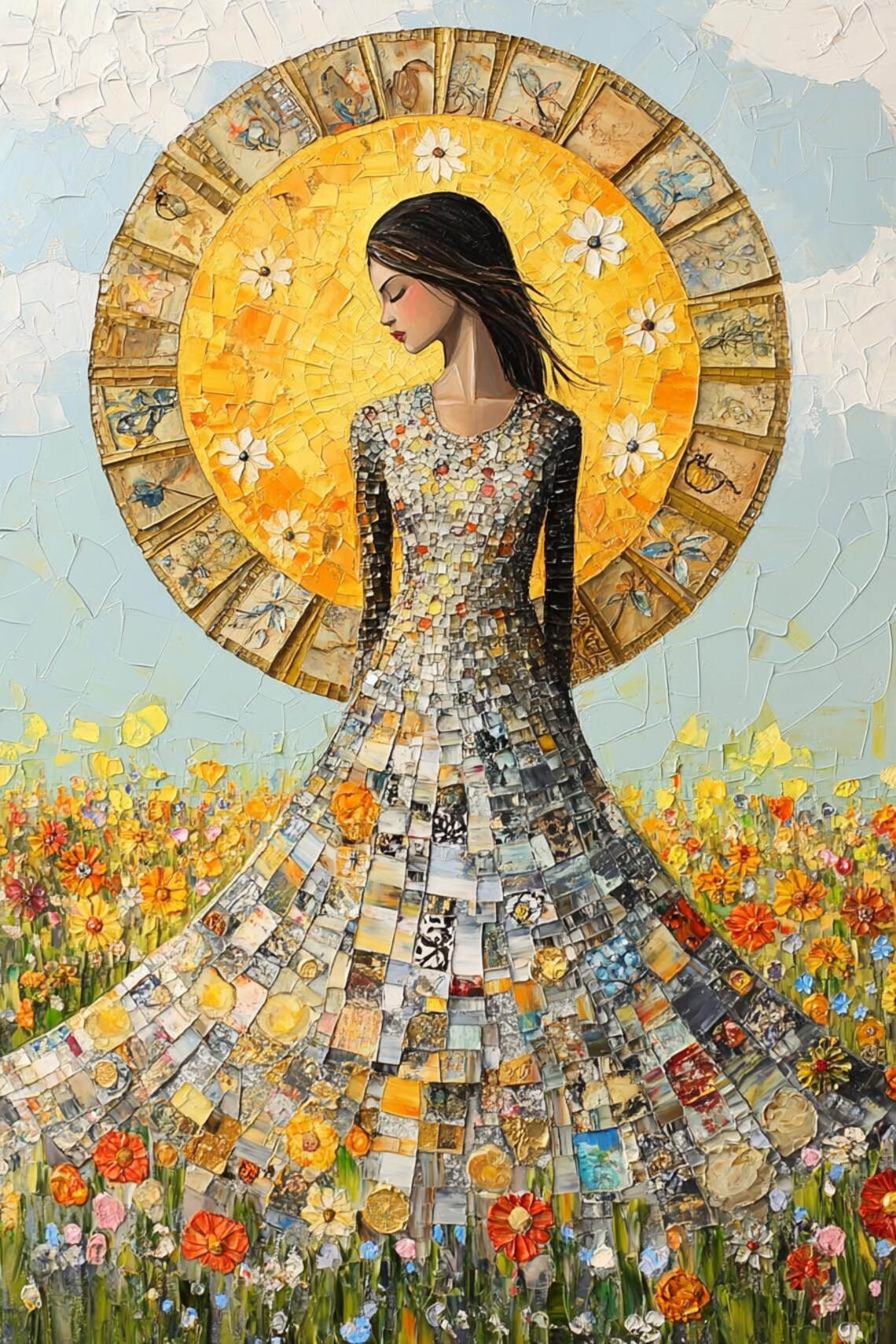 Woman In Mosaic Floral Gown With Golden Sun Halo Field Poster - Image 2
