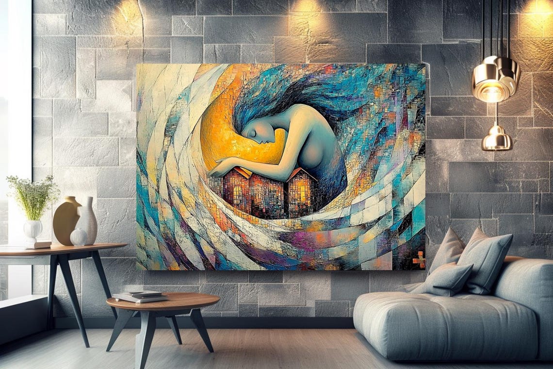 Guardian Woman Embracing Home Abstract Moon Surreal Art Poster - Image 3