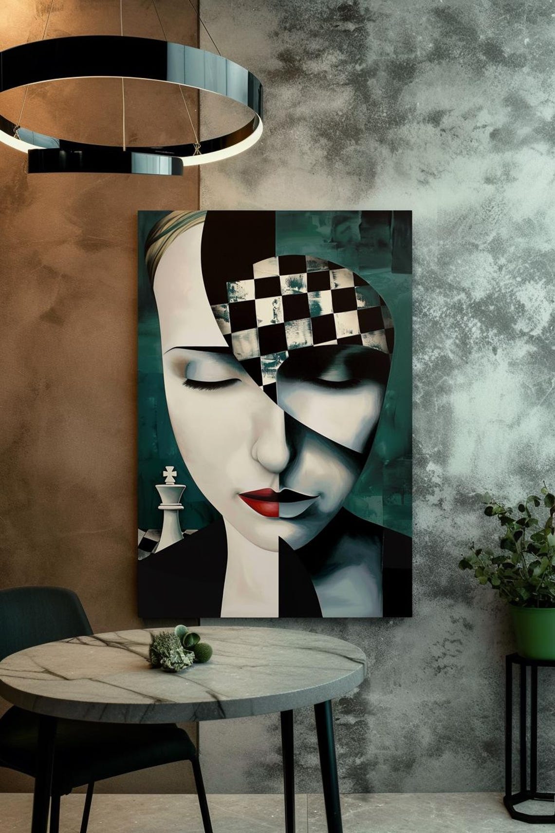 Split Face Woman Chessboard Checkered Abstract Mind Game Poster - Image 3
