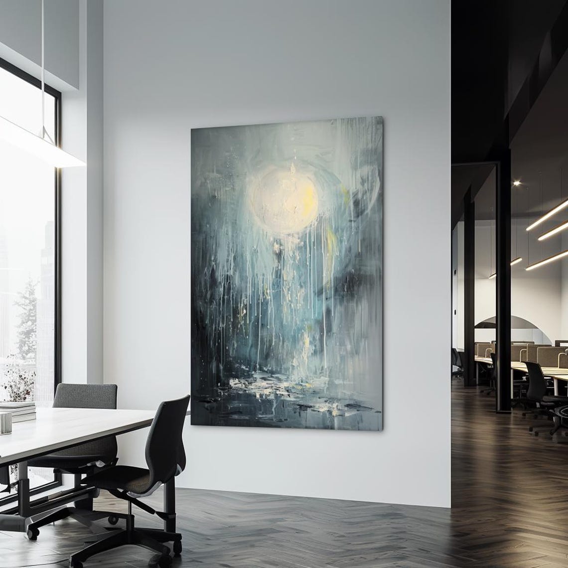 Glowing Moon Through Dripping Teal Rain Moody Abstract Poster - Image 3