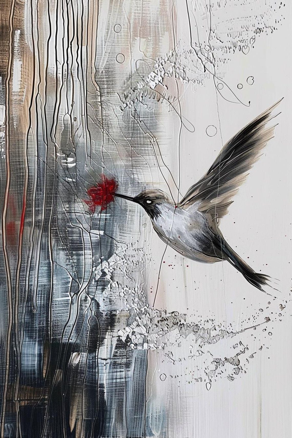 Monochrome Hummingbird With Single Red Flower Ink Style Poster - Image 2