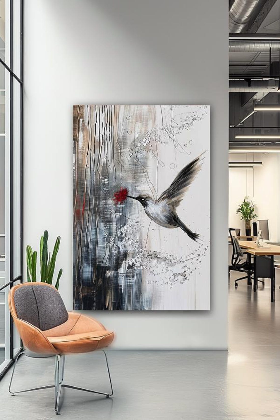 Monochrome Hummingbird With Single Red Flower Ink Style Poster - Image 3