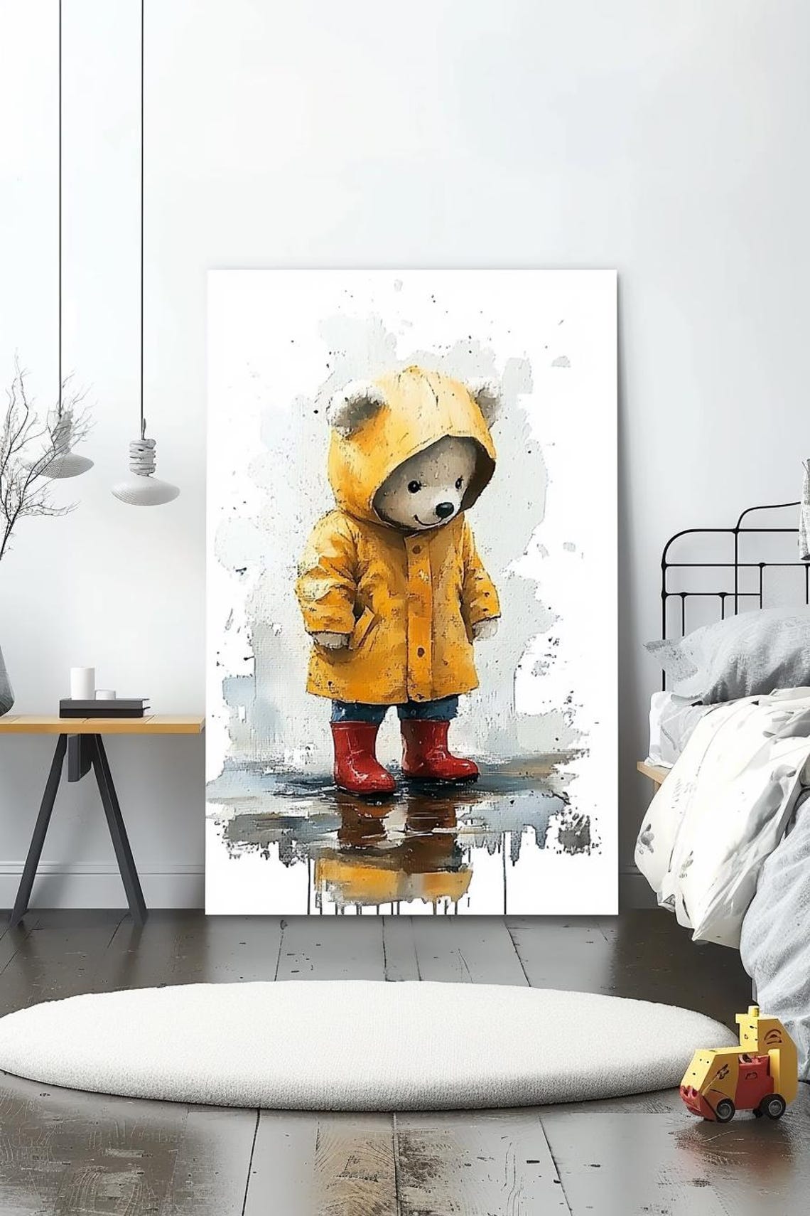 Teddy Bear in Yellow Raincoat and Red Boots Standing in Puddle Poster
