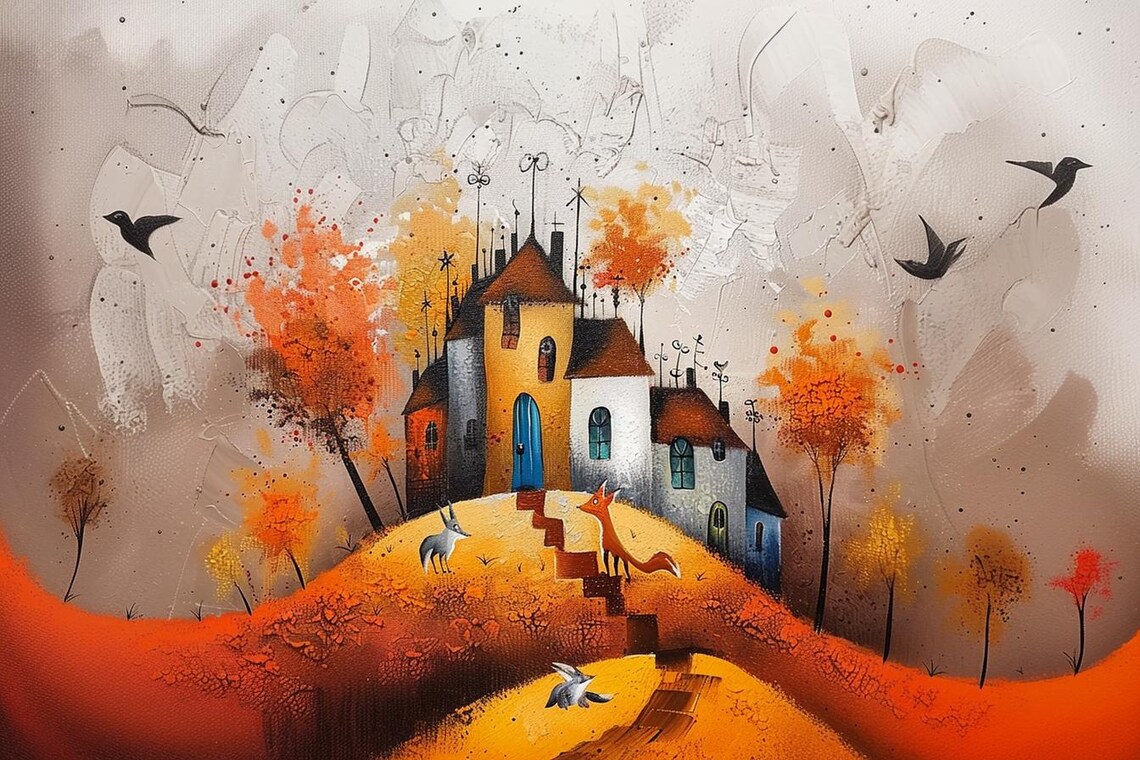 Whimsical Fairy Hill Village Autumn Folk Art Colorful Poster - Image 2