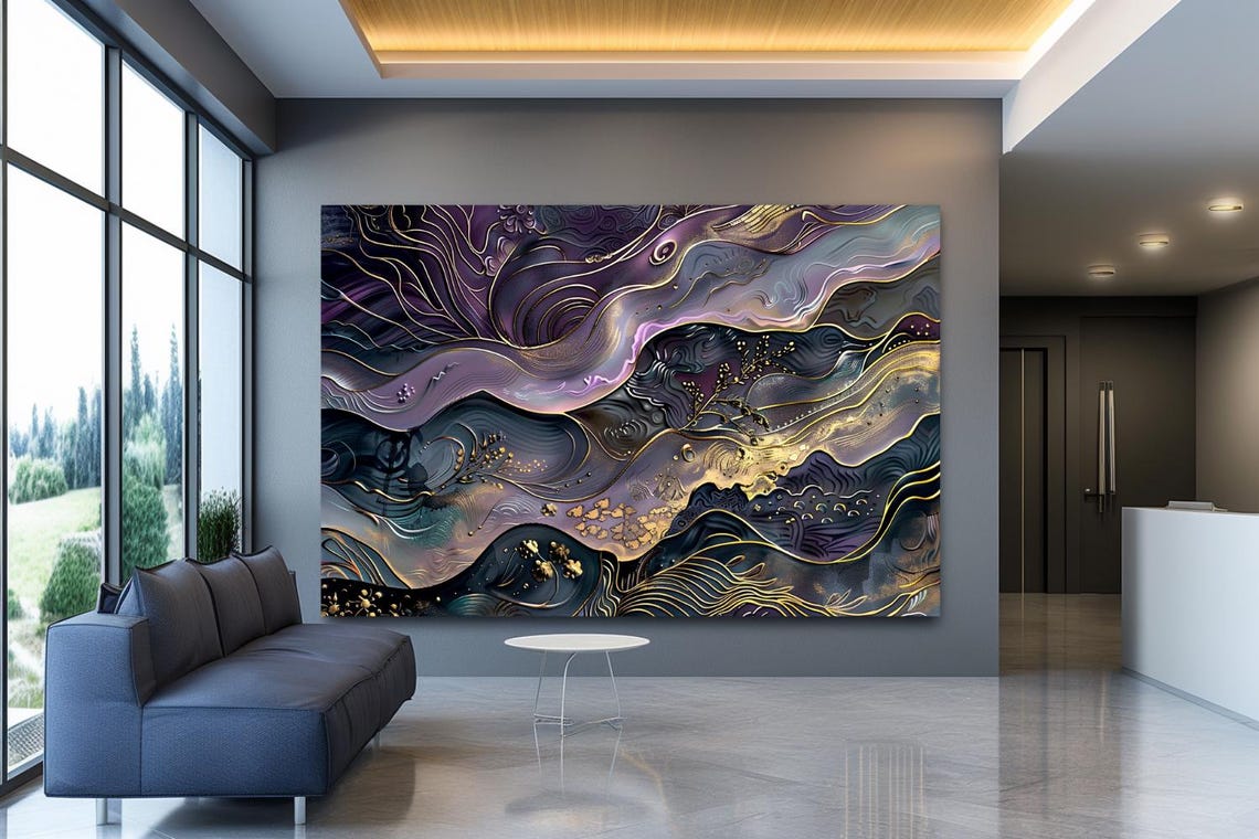 Purple and Gold Marble Swirls Abstract Fluid Painting Poster
