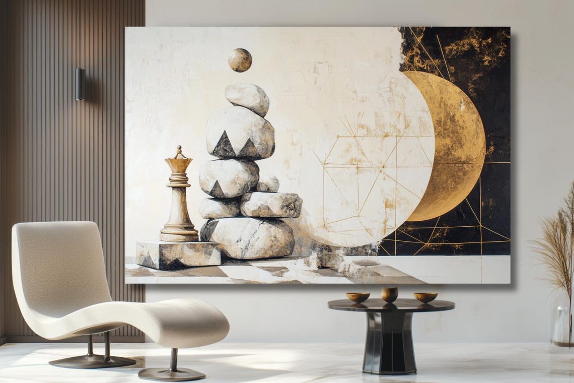 Surreal "Choice" Chess King And Balanced Stones With Gold Orb Poster - Image 3