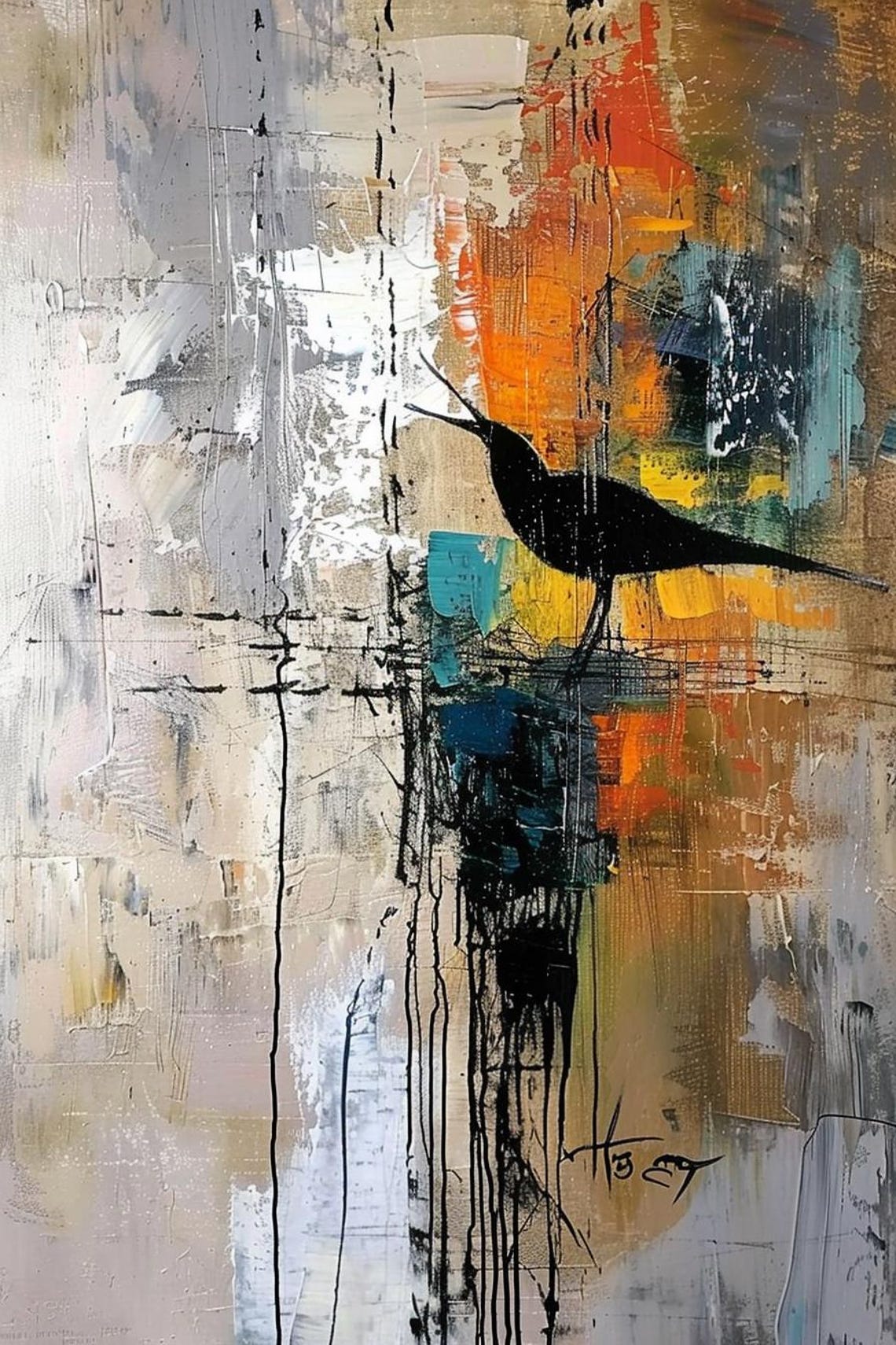 Black Bird Silhouette On Orange Teal Abstract Brushstroke Poster - Image 2