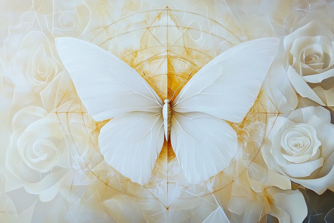 White Butterfly Over Golden Lines and White Roses Painting Poster - Image 2