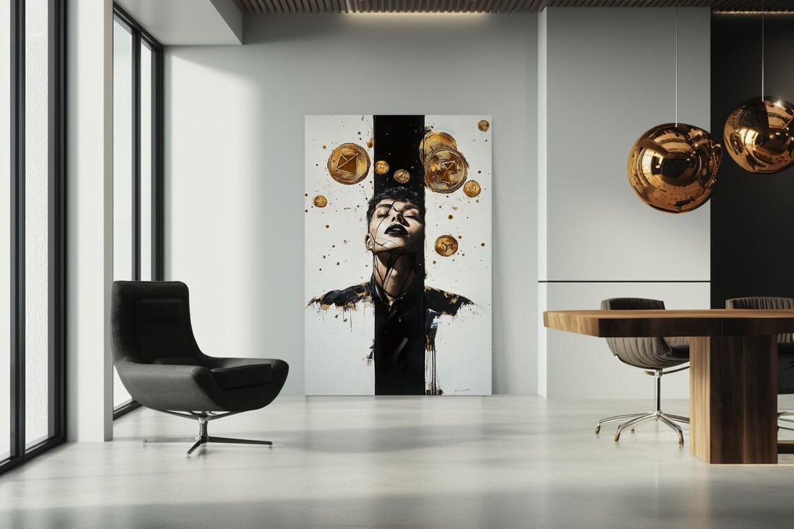 Man With Floating Gold Coins Black And White Abstract Art Poster - Image 3