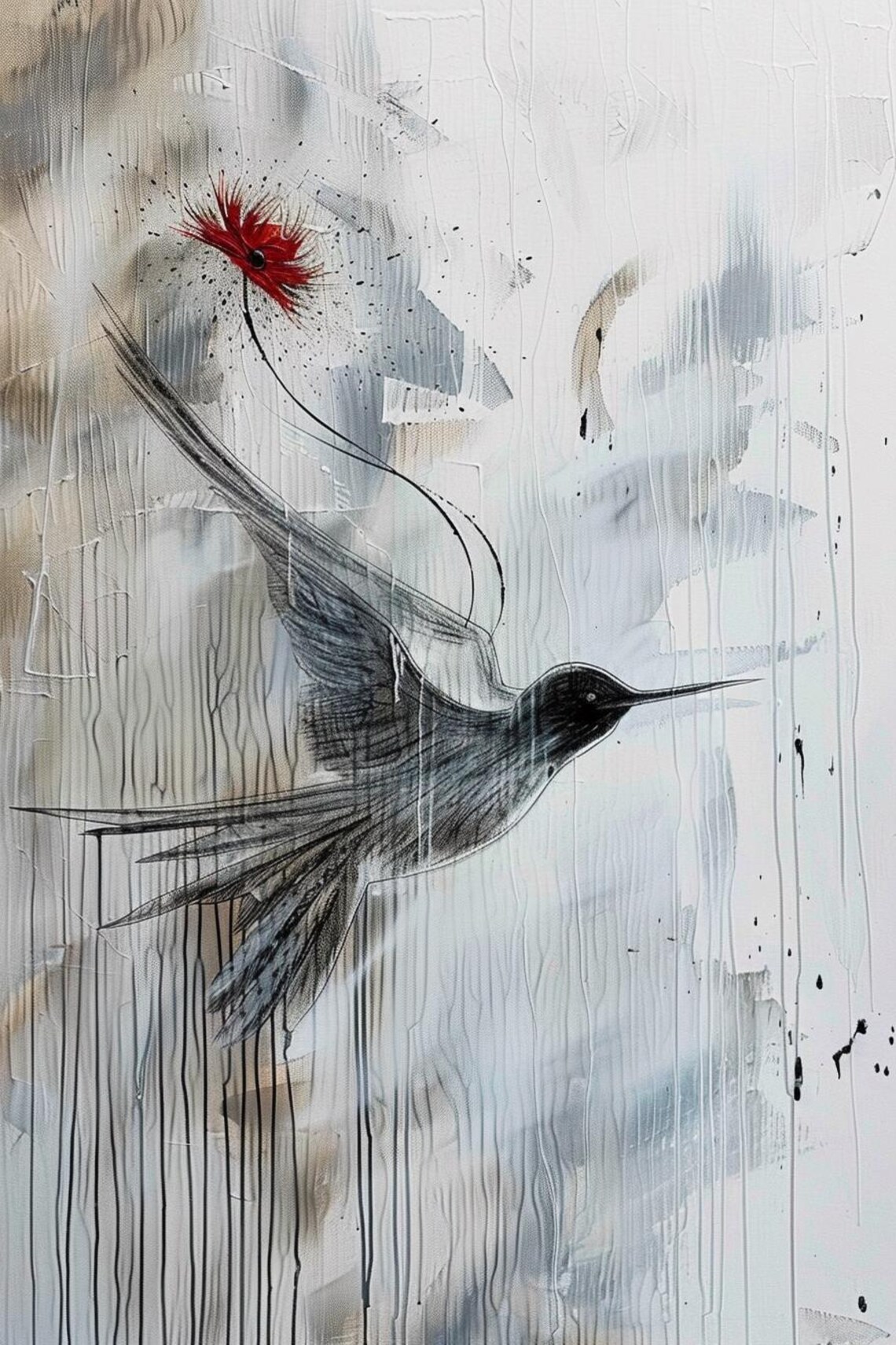 Hummingbird Reaching a Red Flower Ink Sketch Painting Poster - Image 2