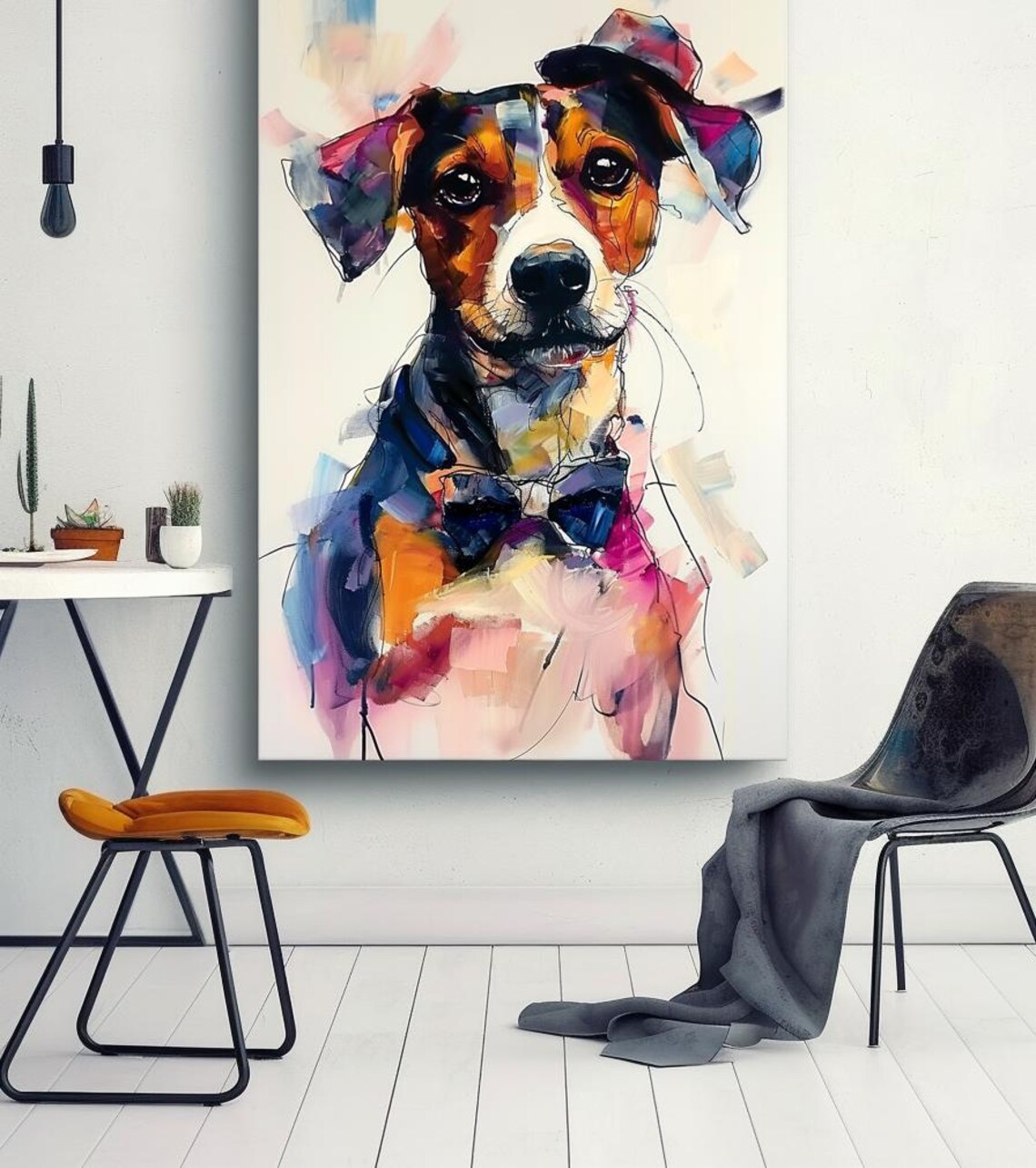 Colorful Watercolor Dog With Bow Tie Stylish Portrait Poster