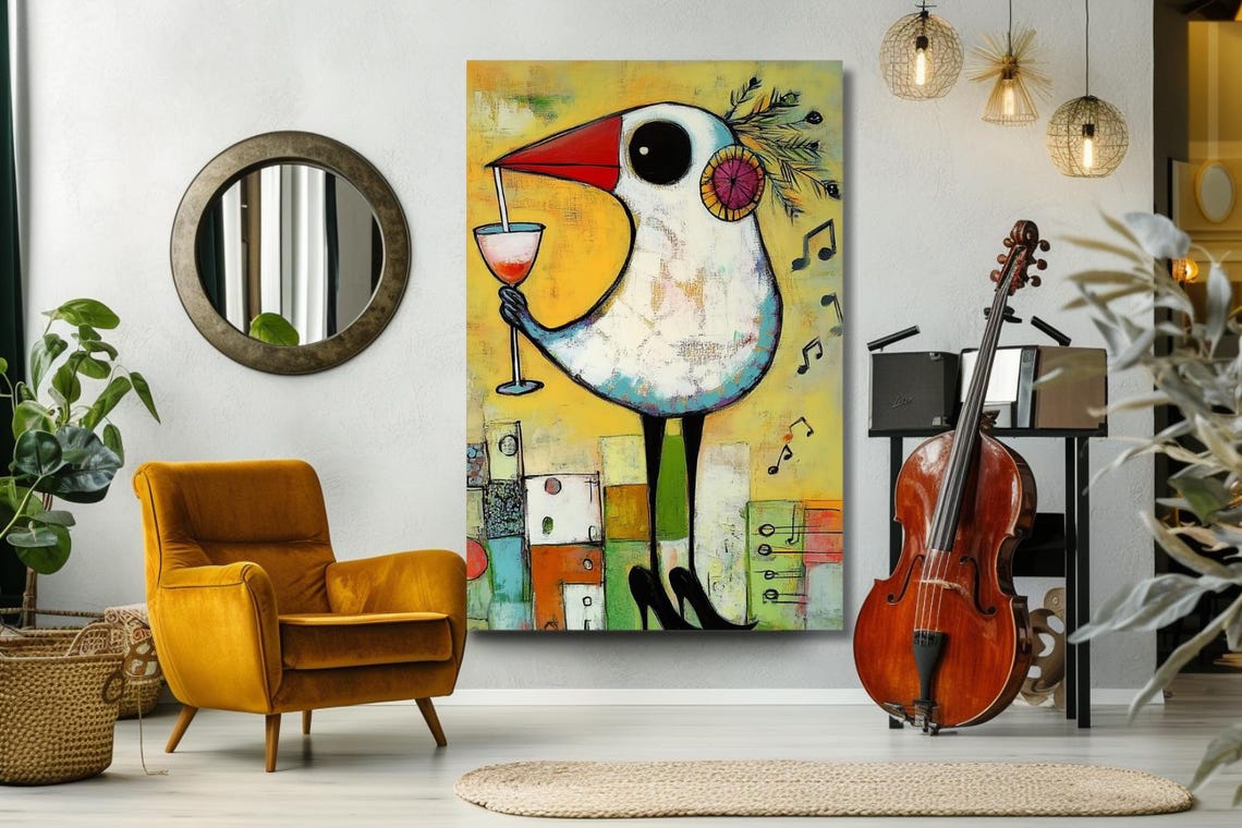 Whimsical Bird Holding Cocktail With Music Notes Yellow Poster