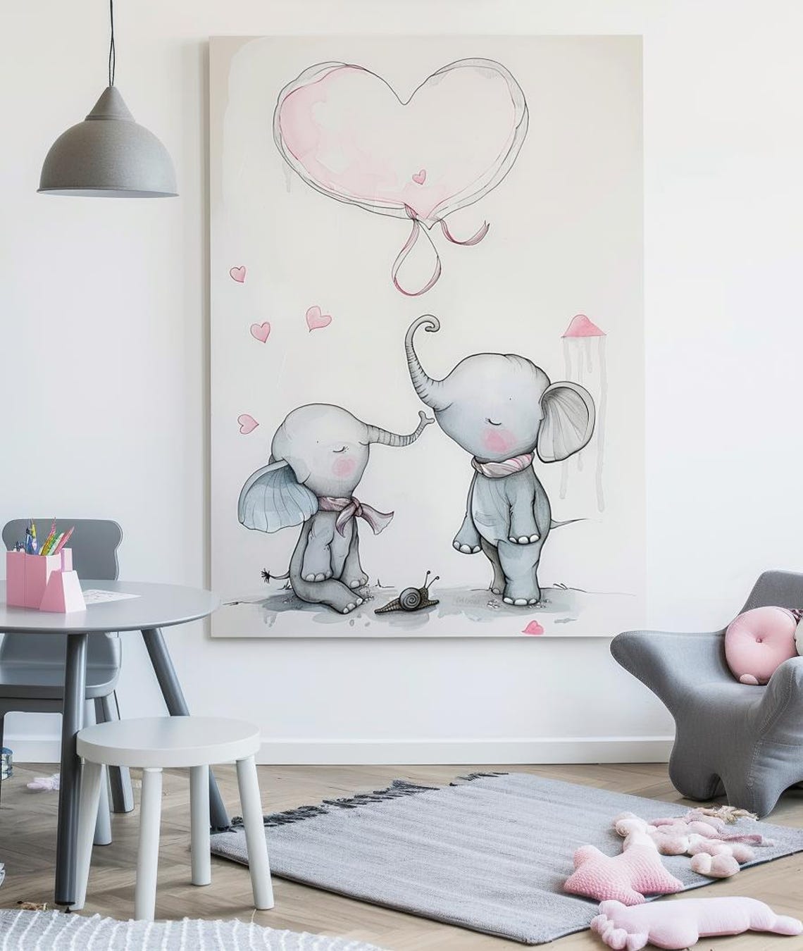 Two Baby Elephants With Pink Heart Balloon Nursery Art Poster