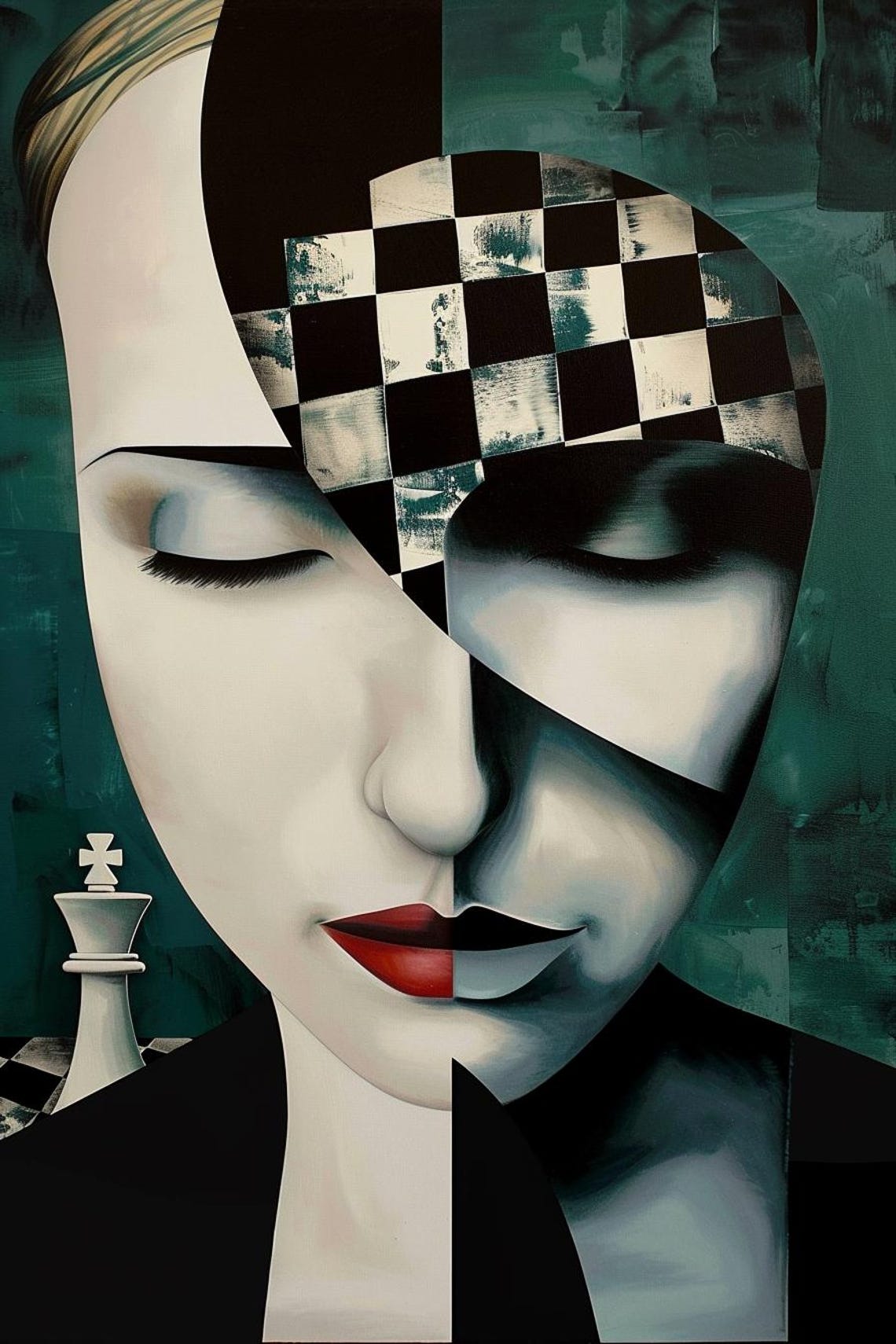 Split Face Woman Chessboard Checkered Abstract Mind Game Poster - Image 2