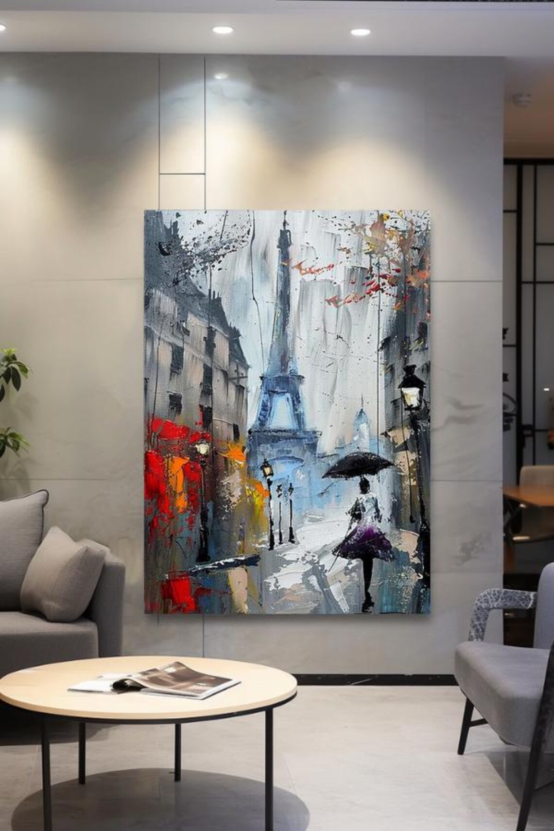 Rainy Paris Street with Eiffel Tower and Umbrella Painting Poster - Image 3
