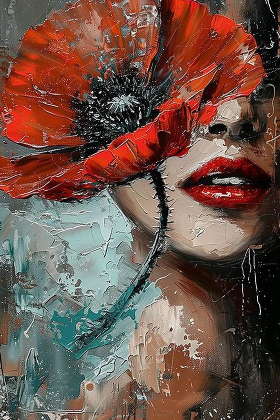 Woman With Red Poppy Bloom Covering Her Face Abstract Portrait Poster - Image 2