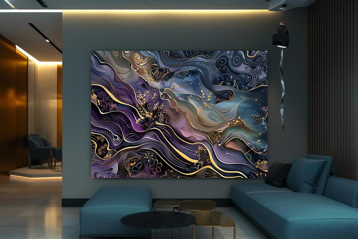 Dark Marble Agate Swirls With Gold Veins Abstract Painting Poster - Image 2