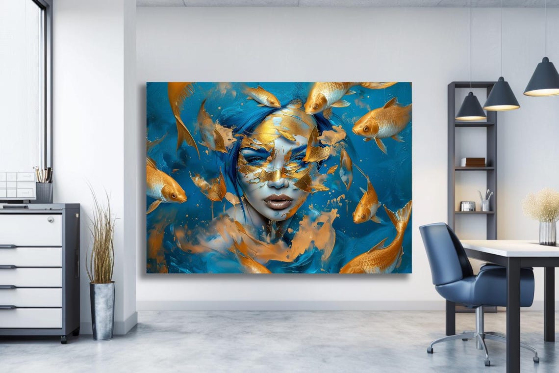 Woman's Portrait Surrounded By Golden Koi Fish On Blue Water Poster - Image 3
