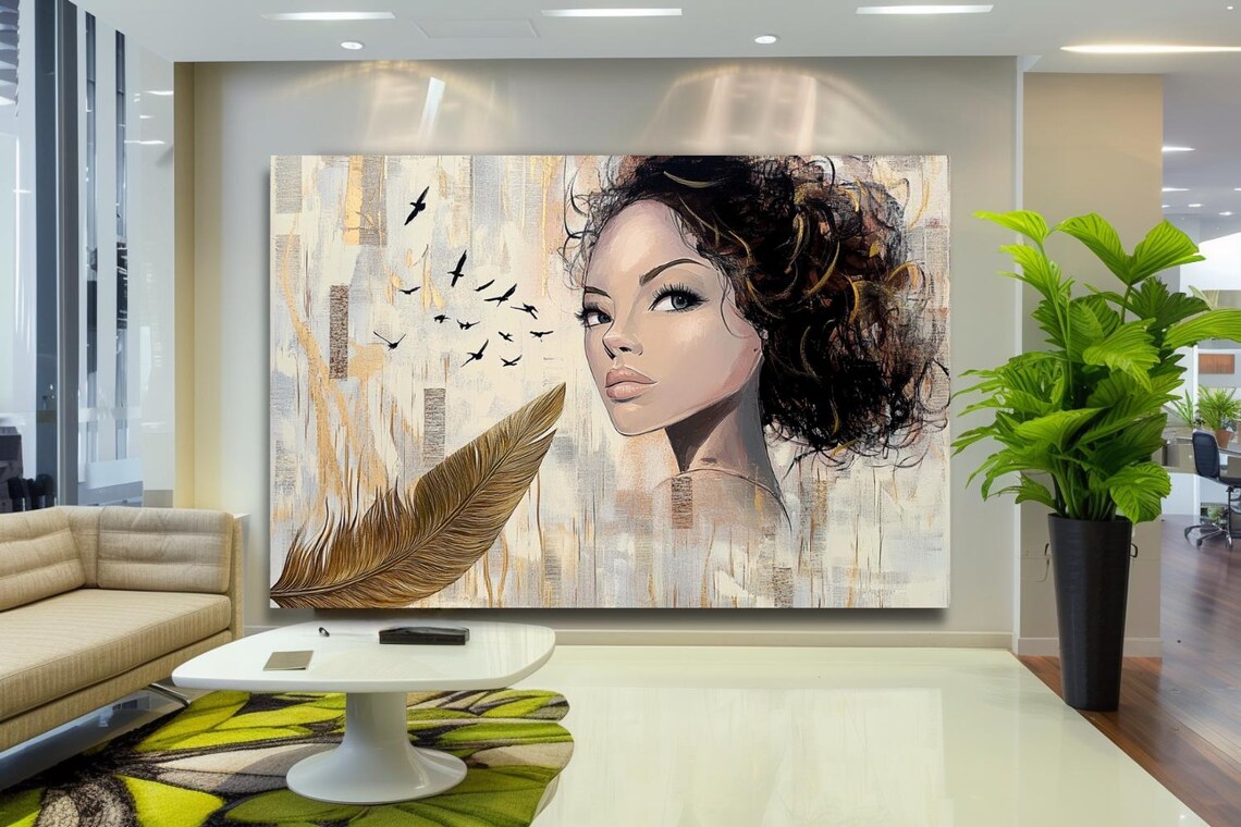 Woman With Voluminous Curly Hair Gold Feather And Birds Poster - Image 3