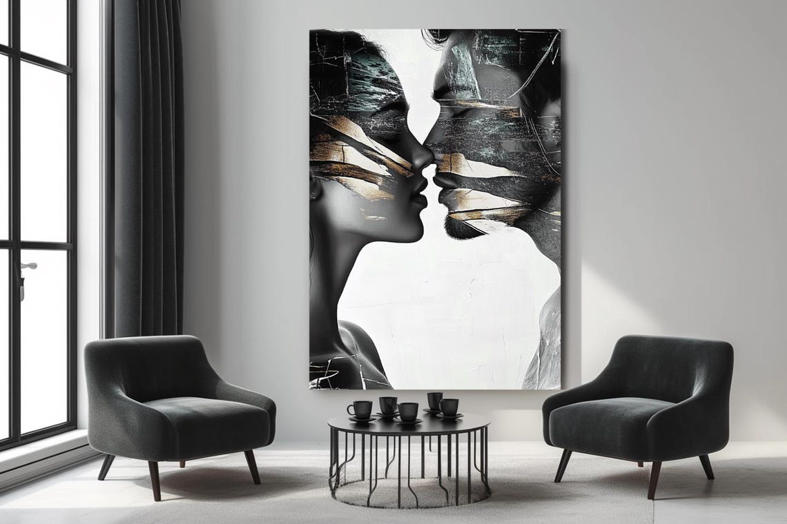 Black And White Double Exposure Kiss With Gold Leaf Texture Poster - Image 3