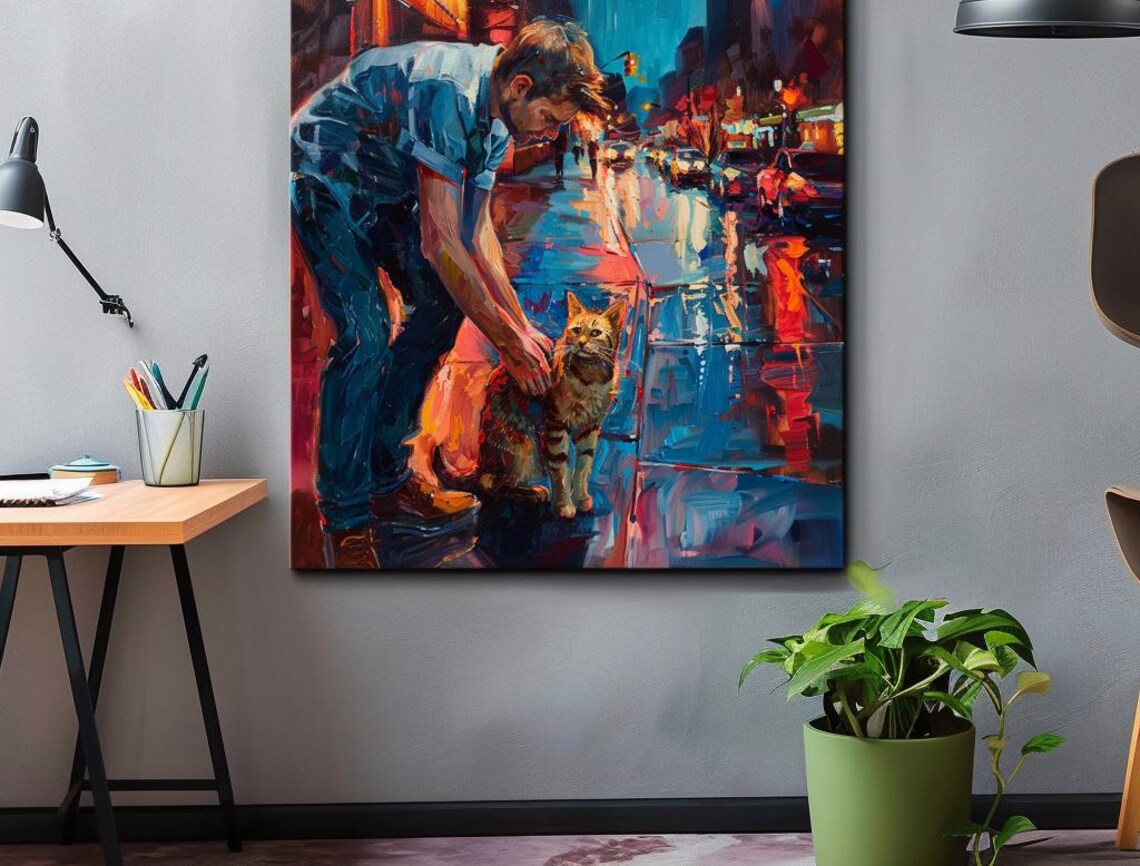 Man Petting Cat On Rainy City Street Night Oil Painting Poster