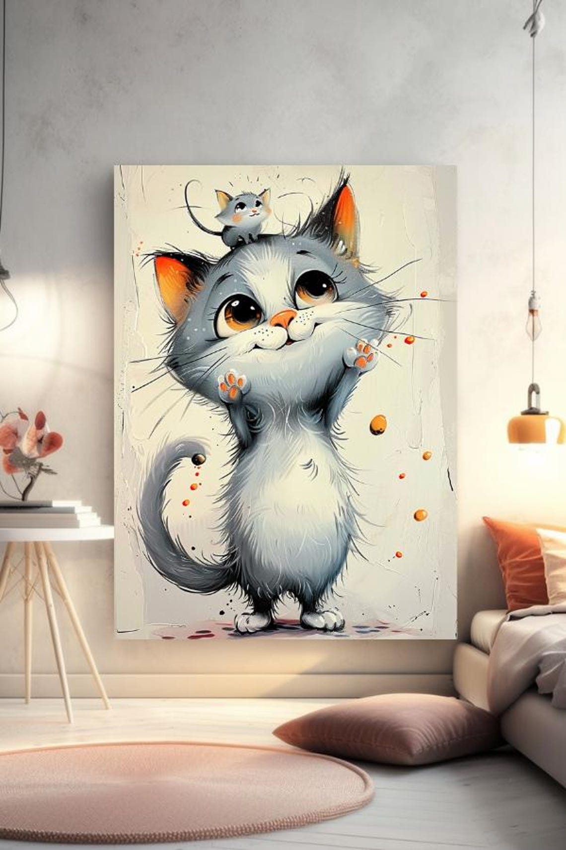 Adorable Big Eyed Kitten With Tiny Mouse On Its Head Cartoon Poster