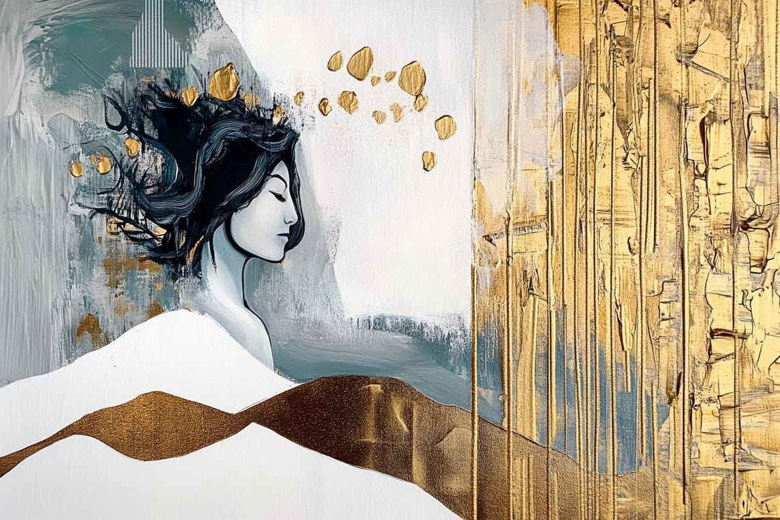 Elegant Woman Profile With Gold Leaves On White Gold Abstract Poster - Image 2