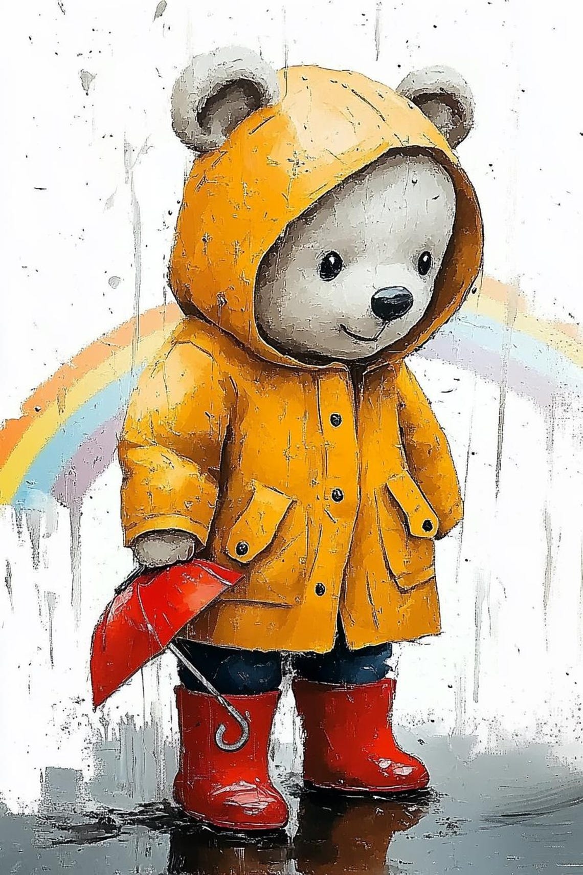 Cute Bear Child In Yellow Raincoat Red Boots Nursery Art Poster - Image 2
