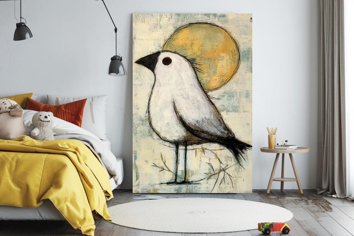 Naive White Bird Before a Golden Sun Sketch Style Art Poster - Image 2