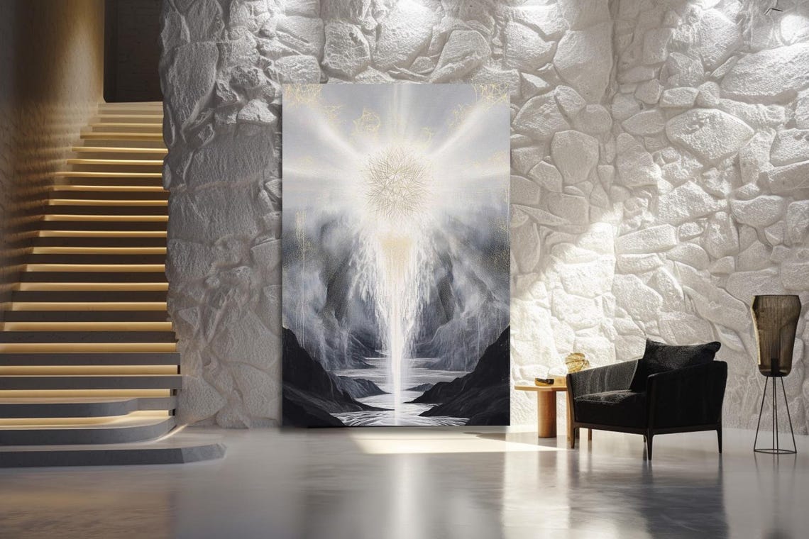 Beam of Light Waterfall in Misty Mountains Abstract Painting Poster