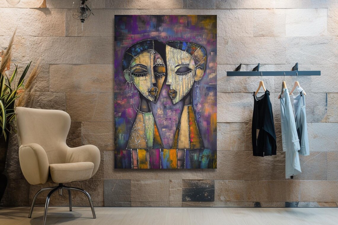 With You Cubist Loving Couple Faces In Warm Colors Art Poster - Image 2