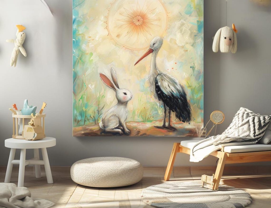 White Hare and Stork Facing Each Other Dreamy Pastel Painting Poster