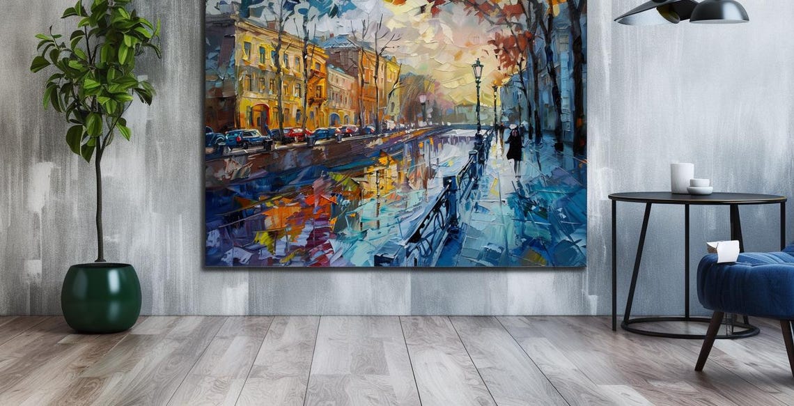 Evening City River With Golden Light Reflections Impressionist Poster - Image 3