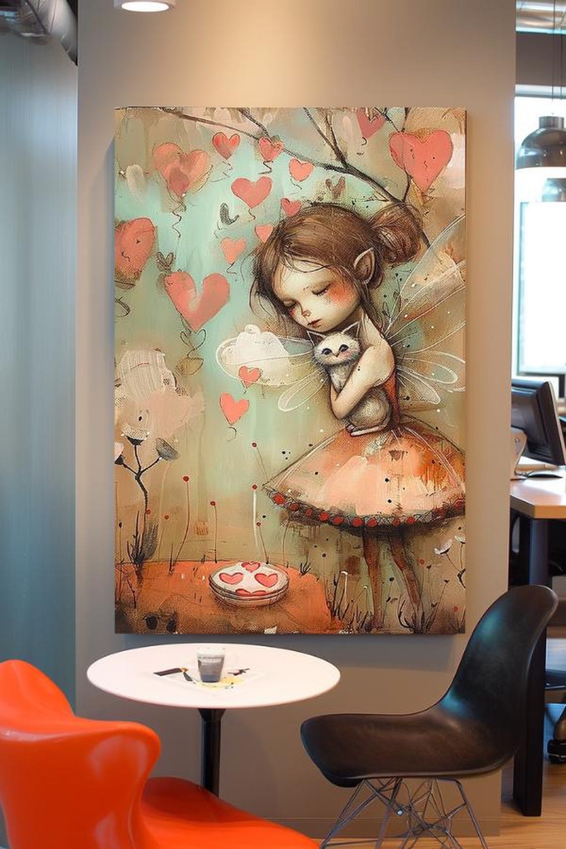 Love Fairy Girl Hugging Kitten With Heart Balloons Art Poster
