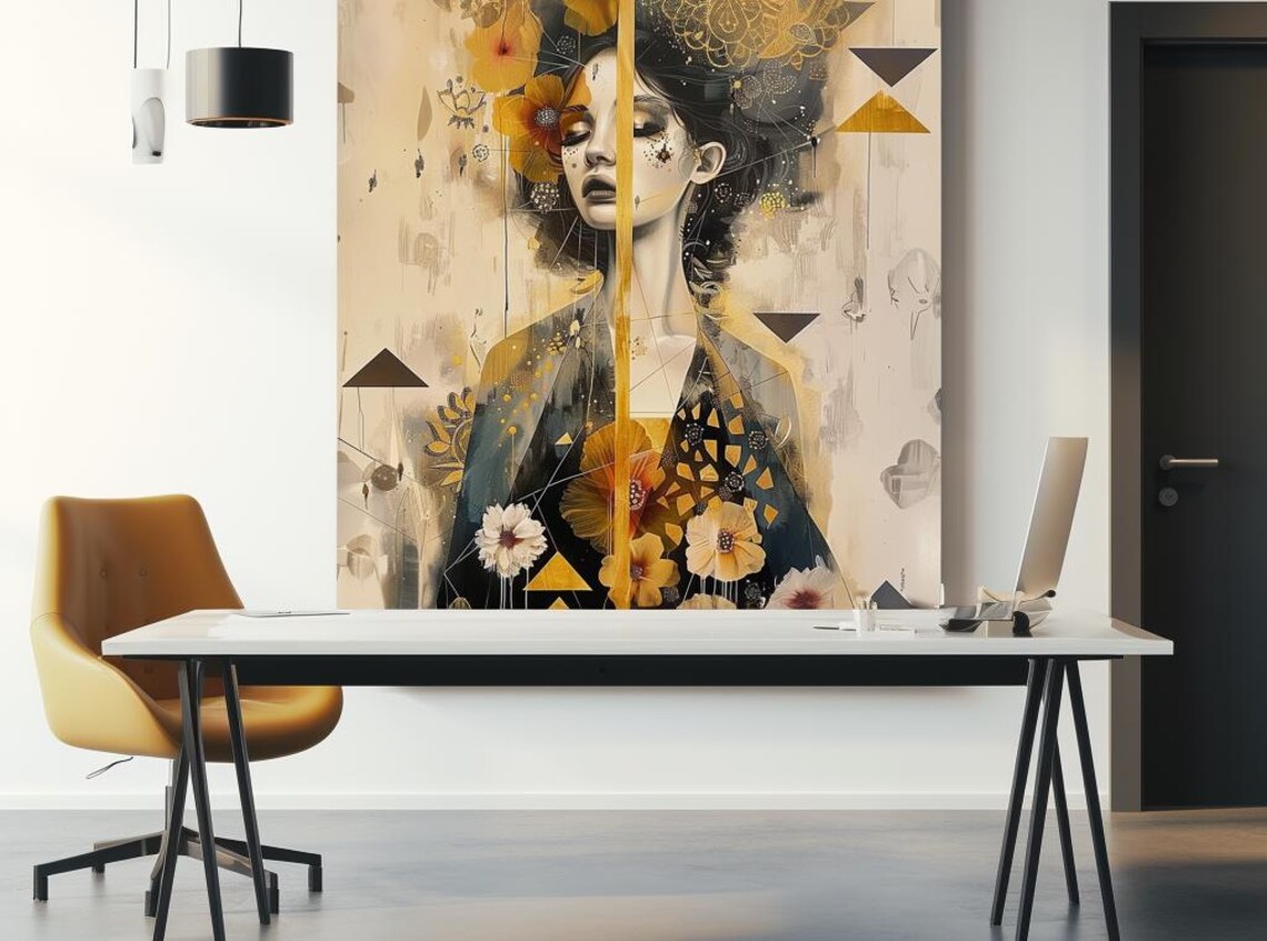 Golden Woman Portrait With Flowers And Geometric Gold Accents Poster - Image 3