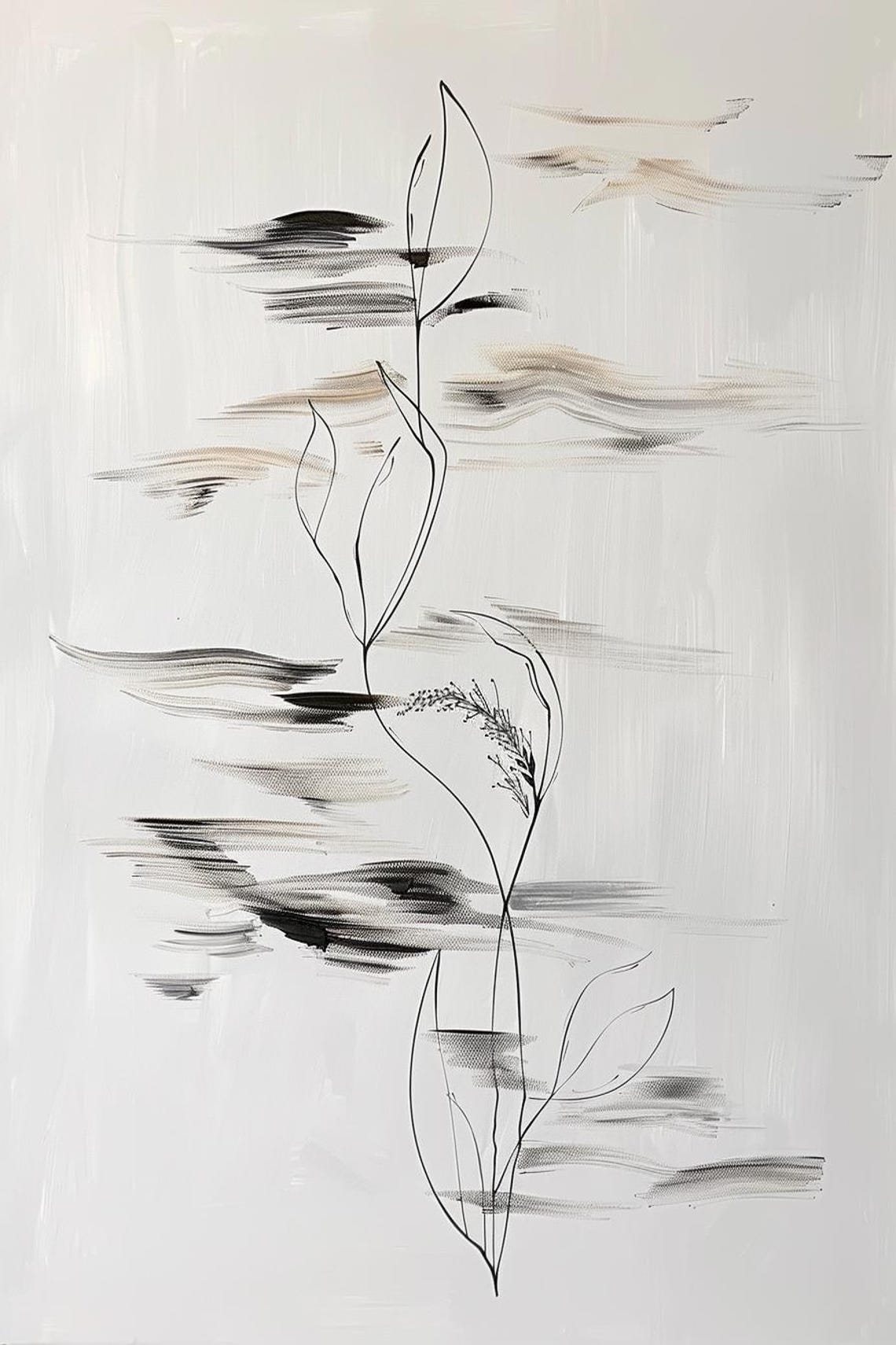 Minimalist White Abstract With Gray Strokes And Branch Line Poster - Image 2