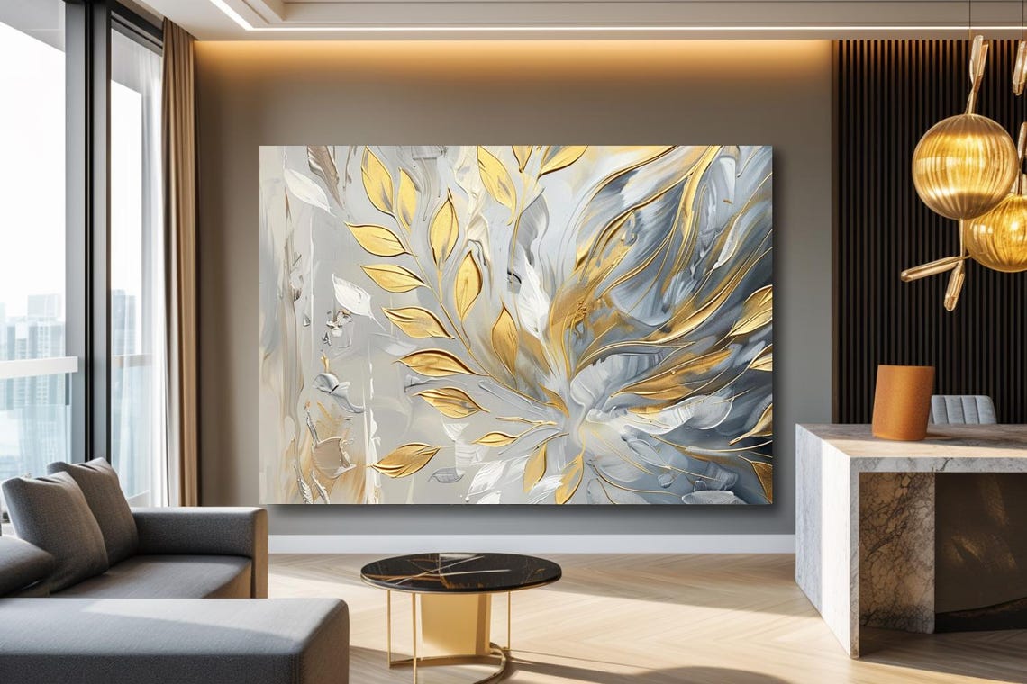 Opulent Gold White And Gray Swirling Floral Abstract Painting Poster