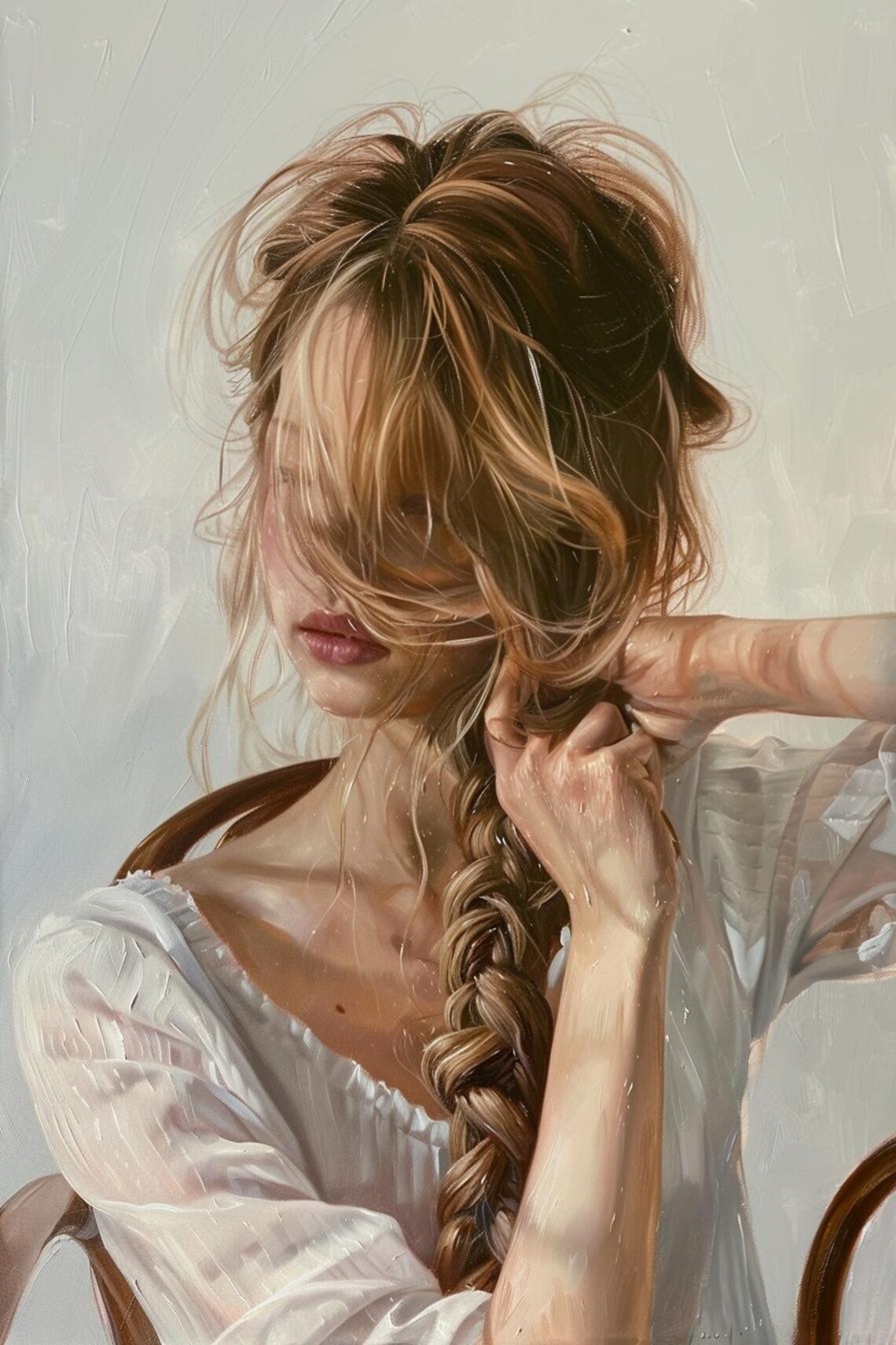 Woman Braiding Long Blonde Hair In Soft Morning Light Poster
