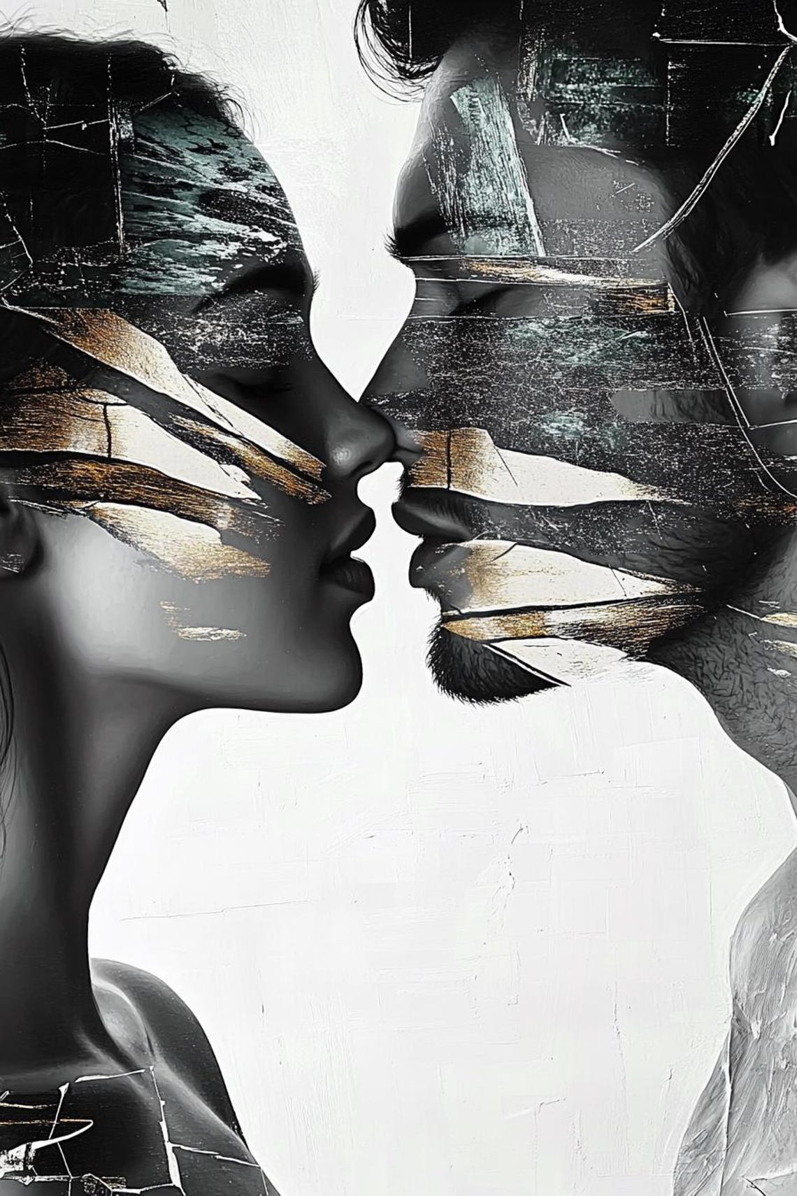 Black And White Double Exposure Kiss With Gold Leaf Texture Poster - Image 2