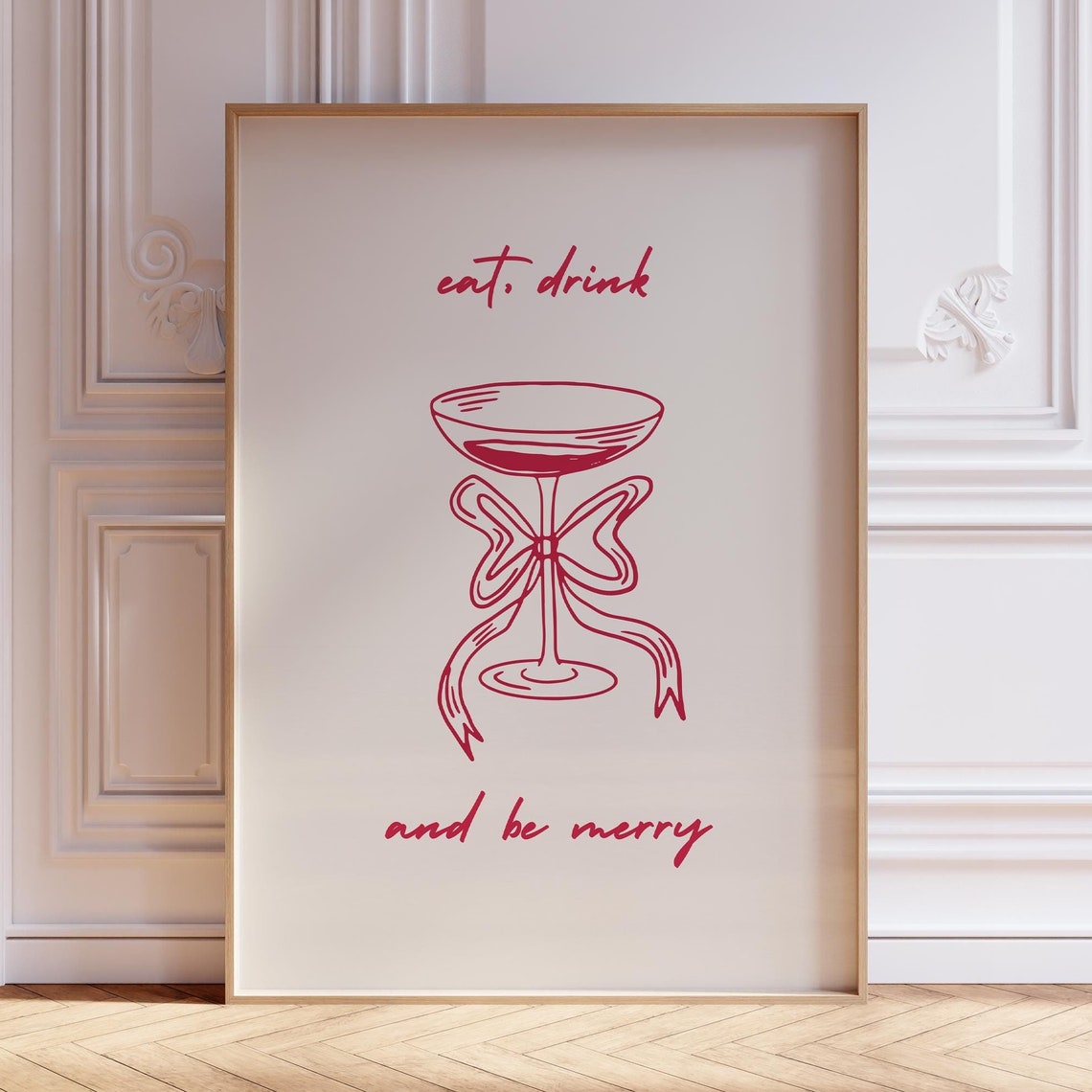 Eat Drink and Be Merry Red Script Coupe Glass Bow Wall Poster