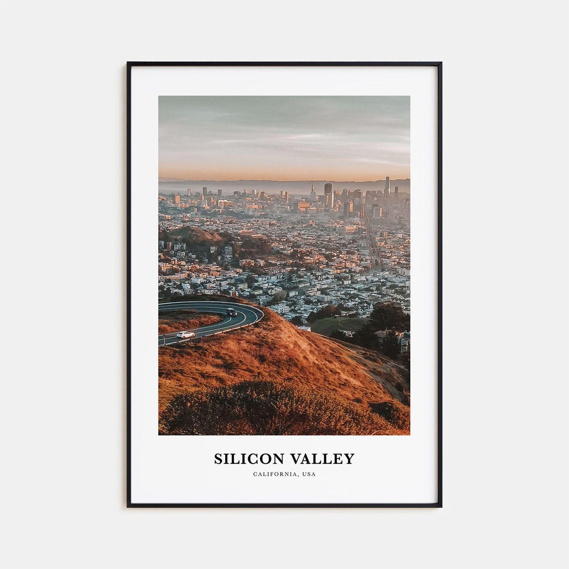 Silicon Valley Winding Hill Road Over The City At Dusk Poster