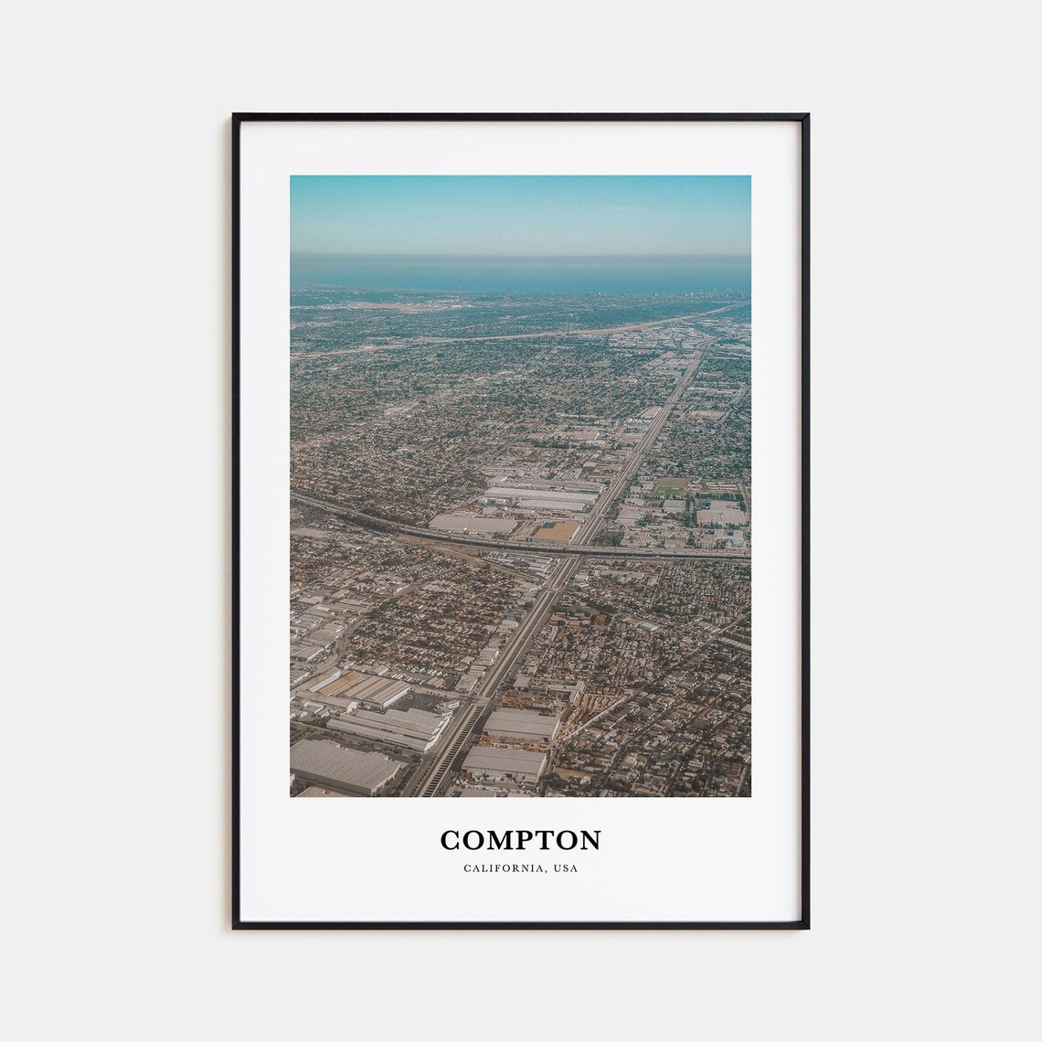 Compton California Aerial Cityscape Street Grid Skyline Travel Poster