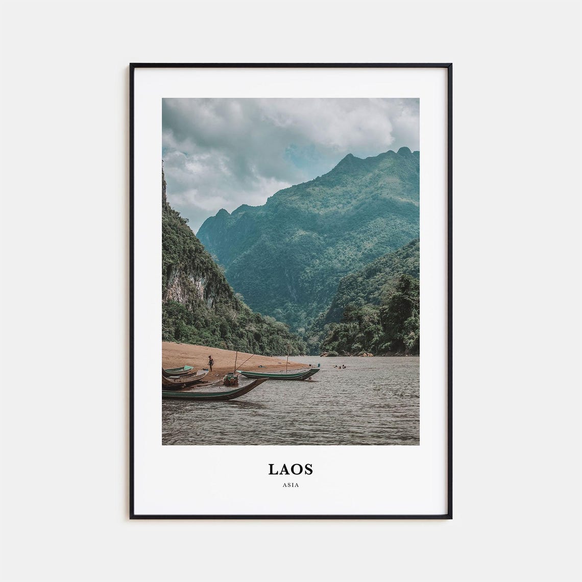 Laos River Longtail Boats Jungle Mountain Landscape Travel Poster