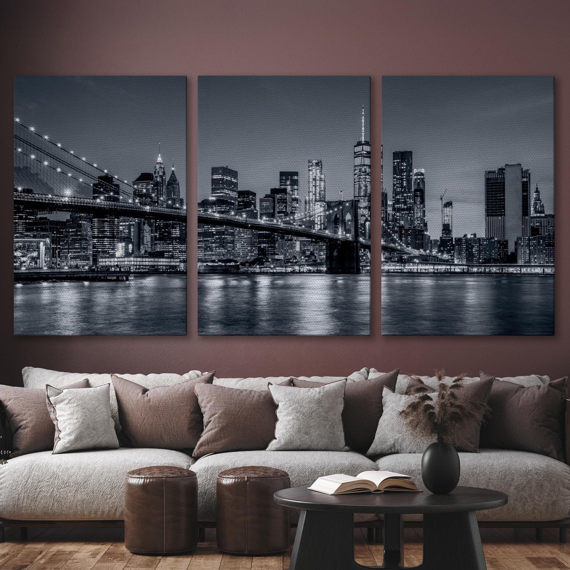 New York City Black White Brooklyn Bridge Skyline Triptych Poster