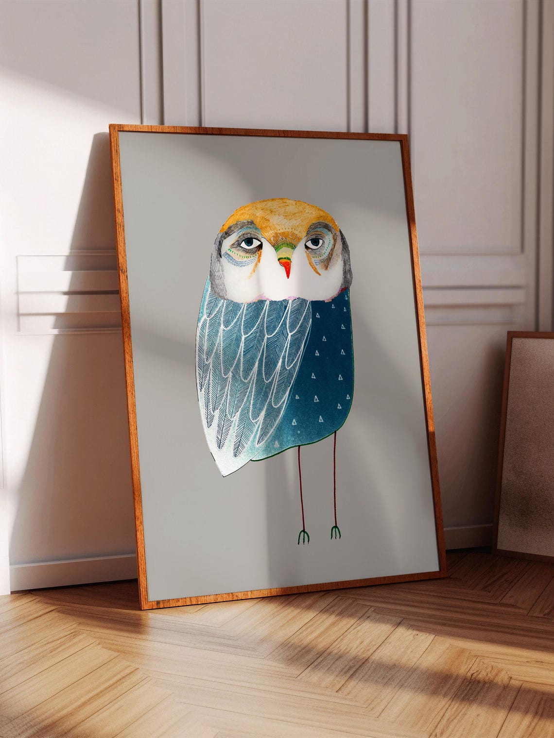 Sleepy Whimsical Owl Blue Feathers Cute Bird Portrait Art Poster