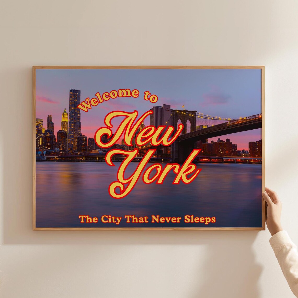 Welcome to New York Brooklyn Bridge Dusk Skyline Retro Travel Poster