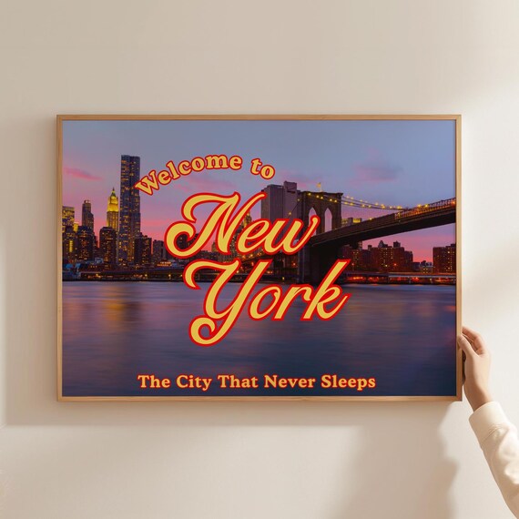 Welcome to New York Brooklyn Bridge Dusk Skyline Retro Travel Poster