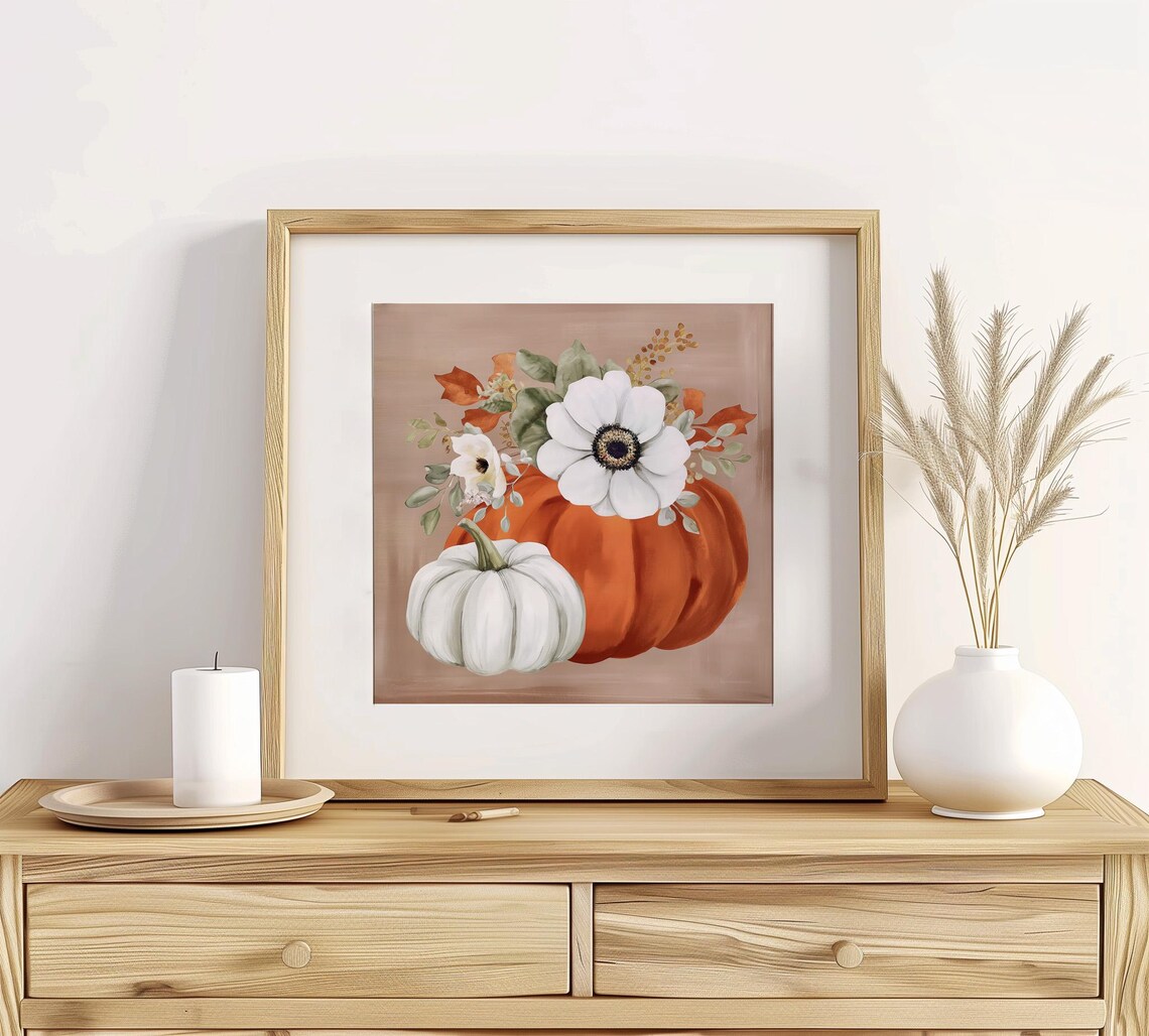 Fall Pumpkin Floral Arrangement Orange White Pumpkins Autumn Botanical Wall Art Print - Image 2