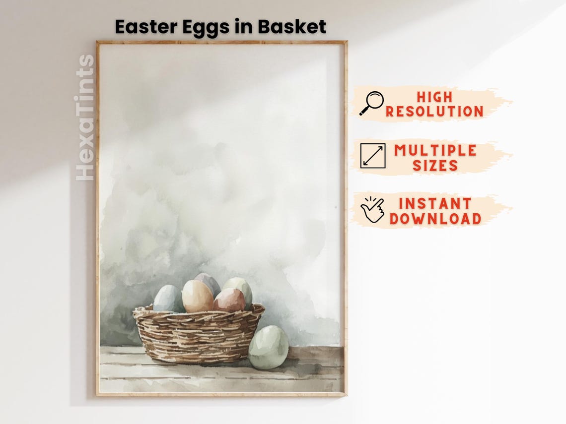 Easter Eggs In Wicker Basket Watercolor Rustic Spring Wall Art Print - Image 4