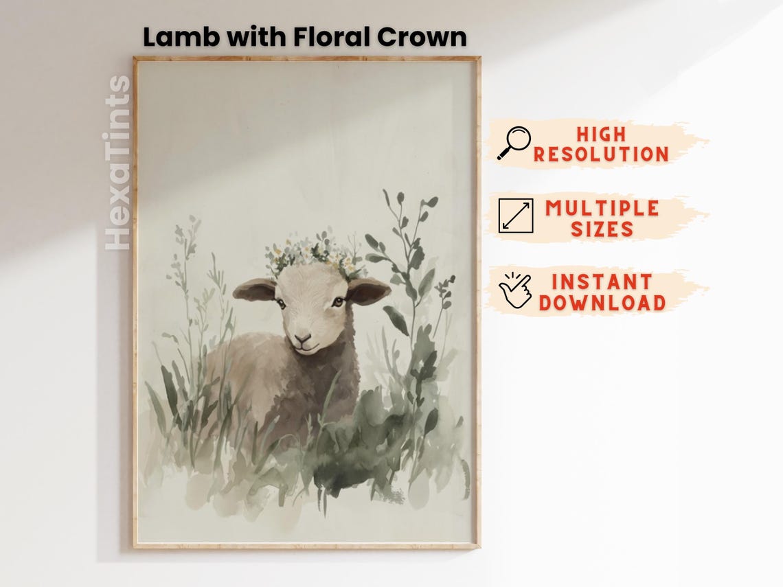 Lamb With Flower Crown Watercolor Cute Nursery Animal Wall Art Print - Image 4